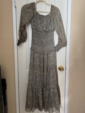 NWOT Astr Floral Smocked Maxi Dress in Sage and Peach Off Shoulder or On